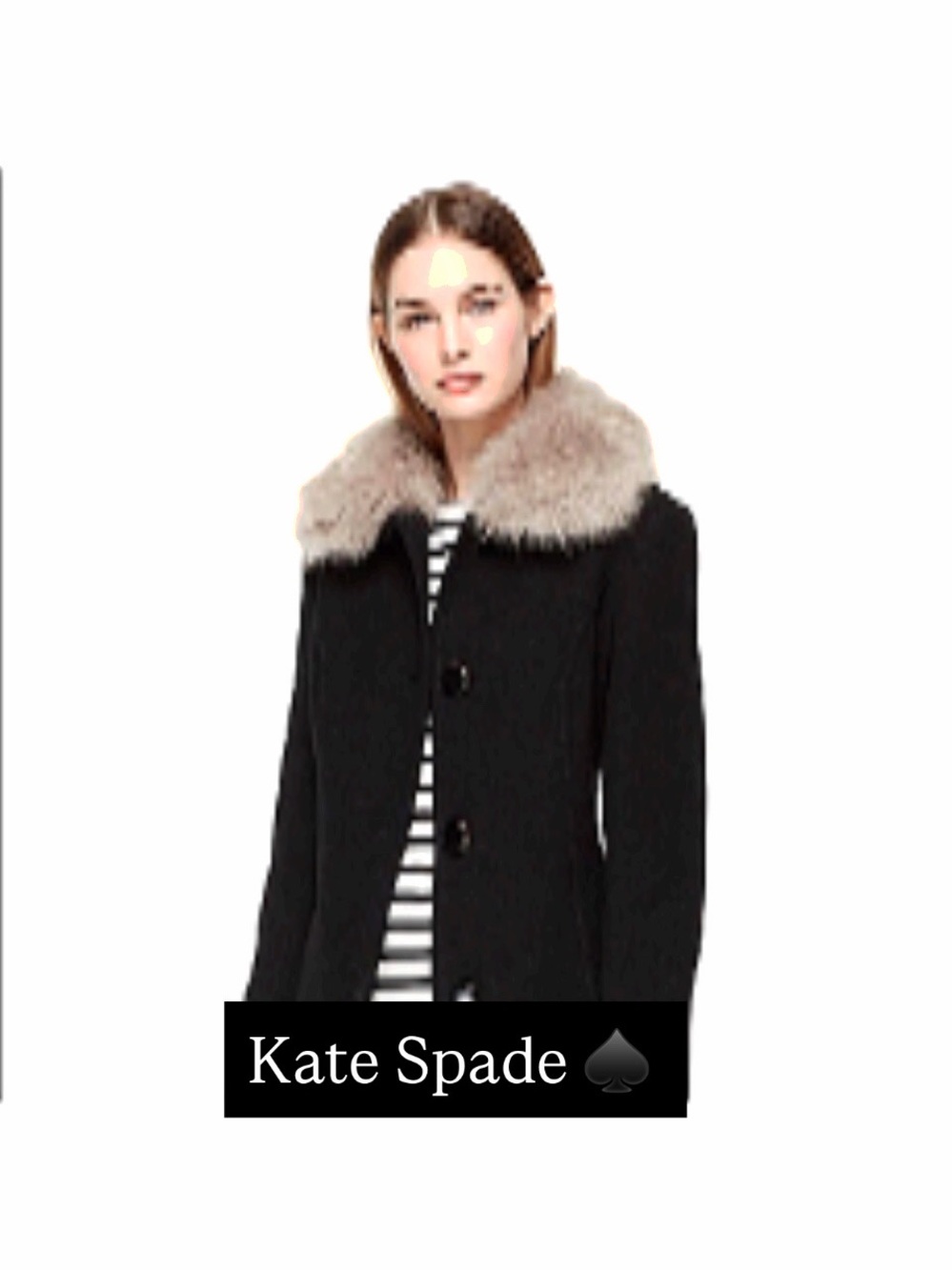 KATE SPADE NEW YORK Wool Coat w/ Faux Fur Collar Black Small